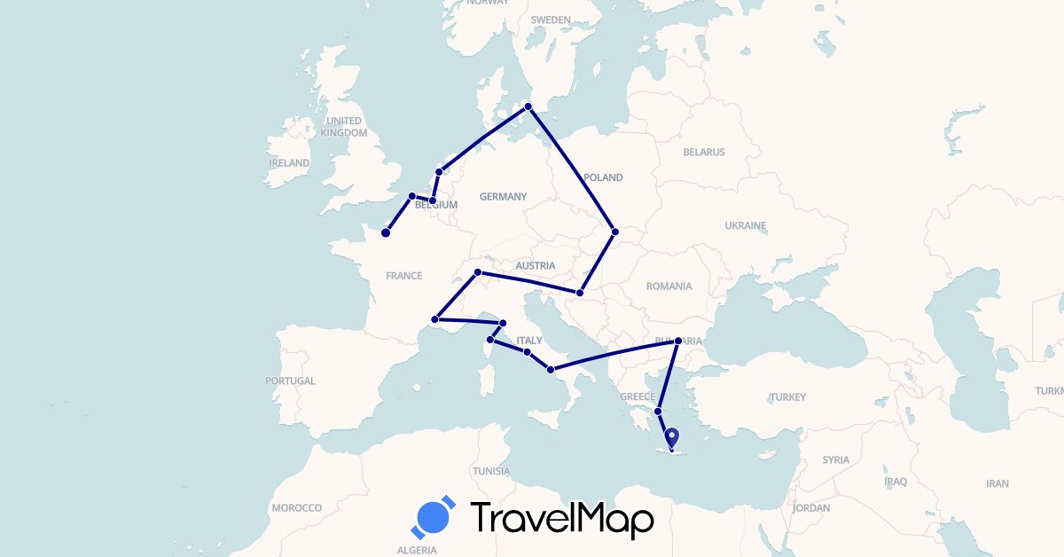 TravelMap itinerary: driving in Belgium, Bulgaria, Switzerland, Denmark, France, Greece, Croatia, Italy, Netherlands, Slovakia (Europe)