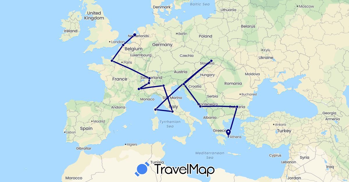 TravelMap itinerary: driving in Belgium, Bulgaria, Switzerland, France, Greece, Croatia, Italy, Netherlands, Slovenia, Slovakia (Europe)