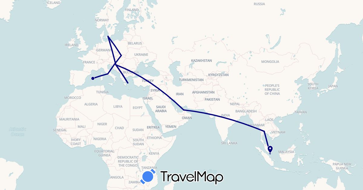 TravelMap itinerary: driving in United Arab Emirates, Denmark, Spain, Greece, Croatia, Italy, Singapore, Slovakia, Thailand (Asia, Europe)