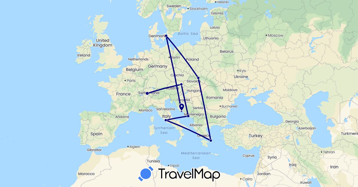 TravelMap itinerary: driving in Switzerland, Denmark, Greece, Croatia, Italy, Slovakia (Europe)