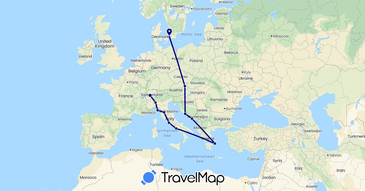 TravelMap itinerary: driving in Austria, Switzerland, Denmark, Greece, Croatia, Italy (Europe)