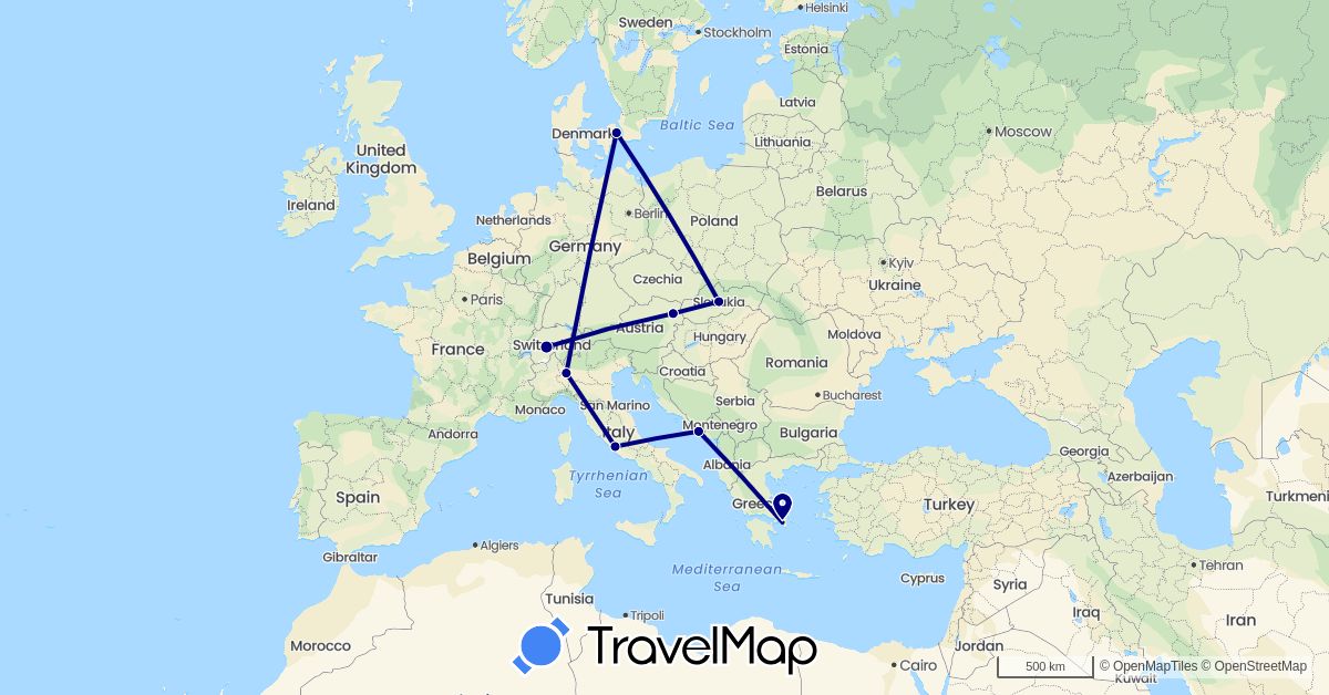 TravelMap itinerary: driving in Austria, Switzerland, Denmark, Greece, Croatia, Italy, Slovakia (Europe)