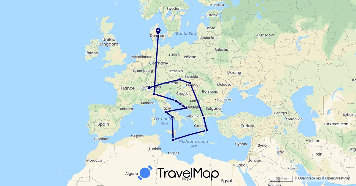TravelMap itinerary: driving in Austria, Switzerland, Denmark, Greece, Croatia, Hungary, Italy, Malta (Europe)